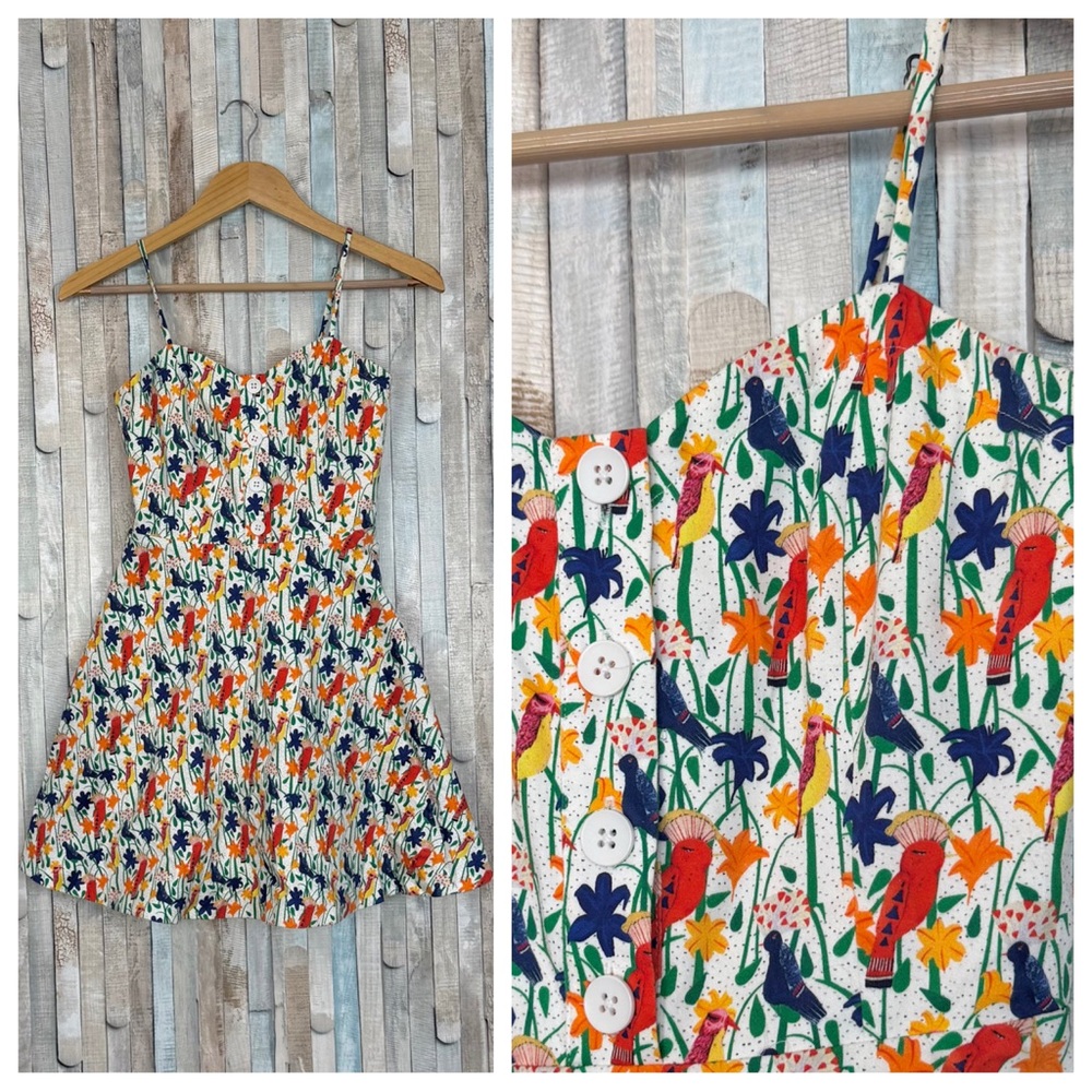 Alice + Olivia 0 Parrot Retro Fit Flare Mini Dress Novelty Print Bird Colorful